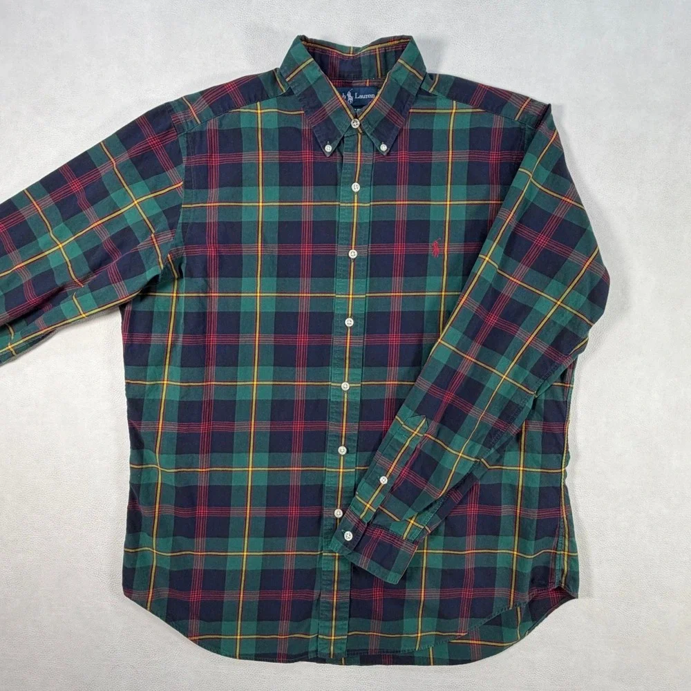 Ralph Lauren Mens Large Plaid Button Down Shirt Classic Fit Green Navy Blue